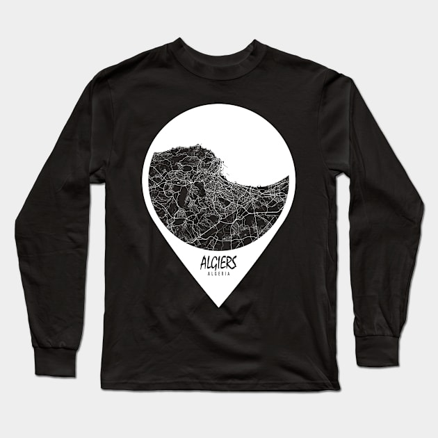 Algiers, Algeria City Map - Travel Pin Long Sleeve T-Shirt by deMAP Studio